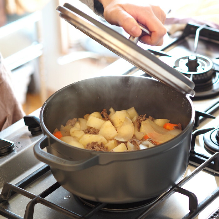 グリーンパン　フェザーウェイト　ココットラウンド　22cm　ポットホルダー2個付　グレー　/　GREENPAN