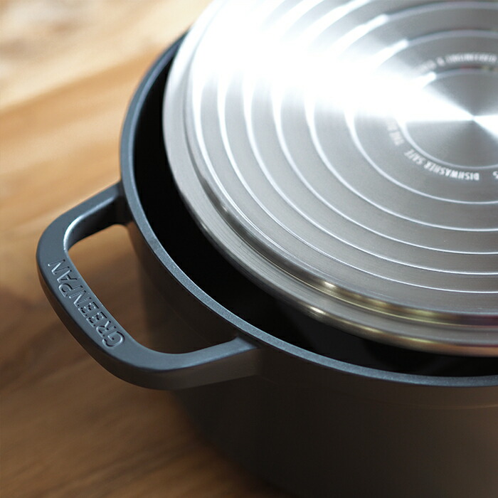 グリーンパン　フェザーウェイト　ココットラウンド　22cm　ポットホルダー2個付　グレー　/　GREENPAN