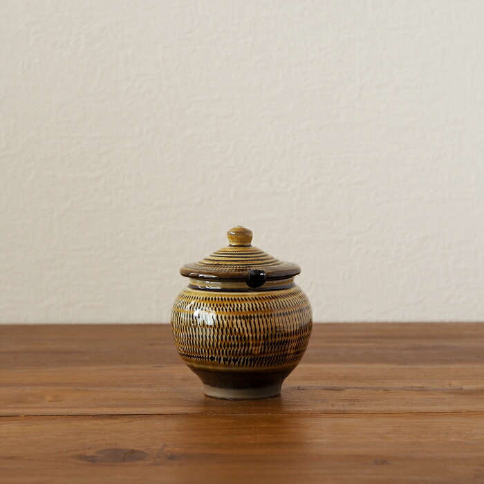 小鹿田焼　小袋窯　1合薬味壺　飴釉飛びかんな
