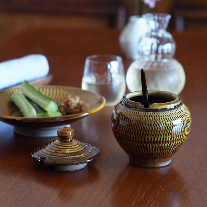 小鹿田焼　小袋窯　1合薬味壺　飴釉飛びかんな