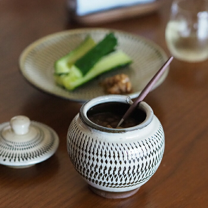 小鹿田焼　小袋窯　1合薬味壺　飛びかんなB