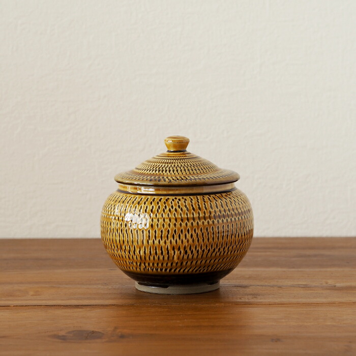 小鹿田焼　小袋窯　3合壺　飴釉飛びかんな