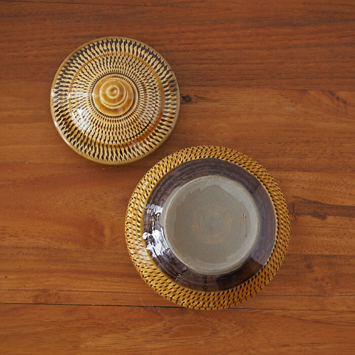 小鹿田焼　小袋窯　3合壺　飴釉飛びかんな