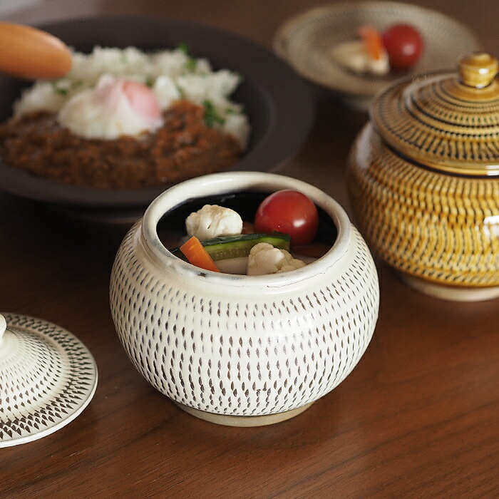 小鹿田焼　小袋窯　3合壺　飛びかんな