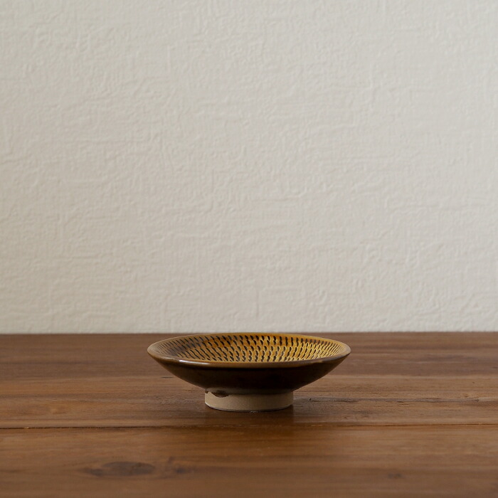 小鹿田焼　小袋窯　4寸皿　飴釉飛びかんな