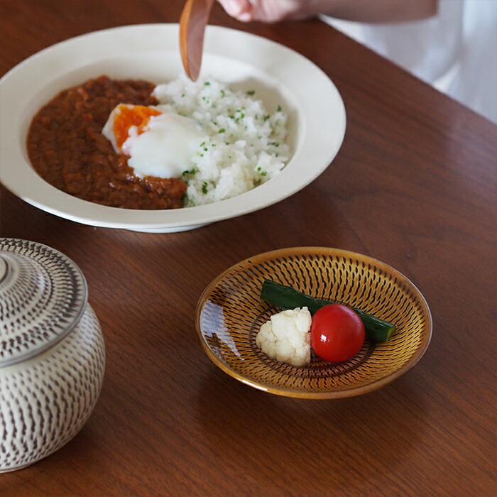 小鹿田焼　小袋窯　4寸皿　飴釉飛びかんな