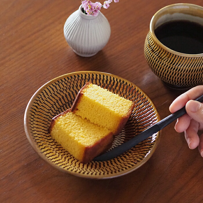 小鹿田焼　小袋窯　5寸皿　飴釉飛びかんな