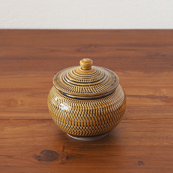 【3月3日12:30再販】★小鹿田焼　小袋窯　2合壺　飴釉飛びかんな